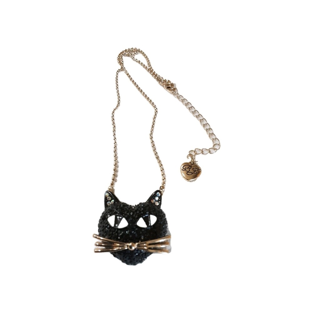 Betsey Johnson Necklace Gold Tone Ball Chain Embelish Black Cat Pendant Texture